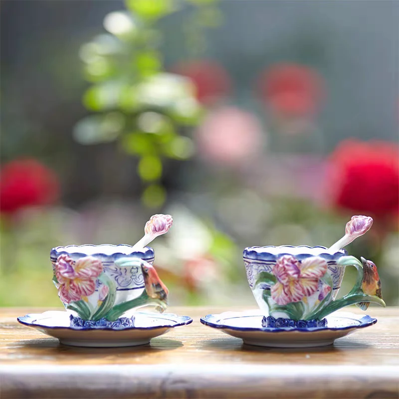 出口精品陶瓷青花鸢尾花鸟咖啡杯碟组合茶具茶杯含托盘和勺子套装