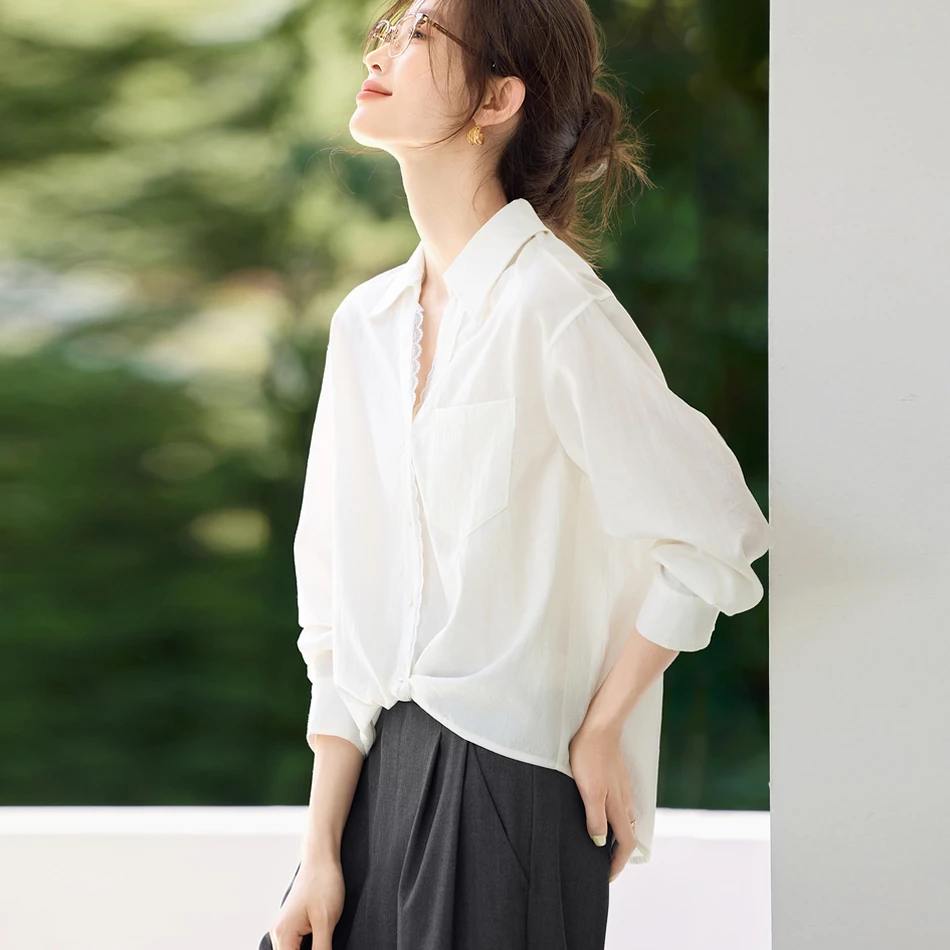 2025秋季新款宽松白衬衫V领蕾丝边设计感舒适气质女士品质上衣女
