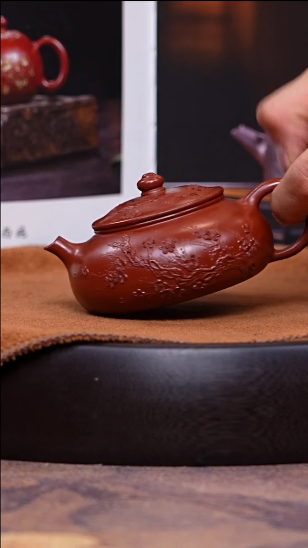 茶壶紫砂朱泥梅花堆绘寒江150cc