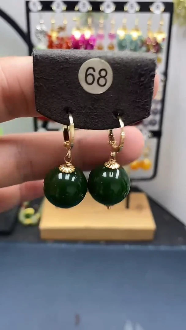 和田玉银S925镀金镶嵌耳饰尺寸16mm耳扣22