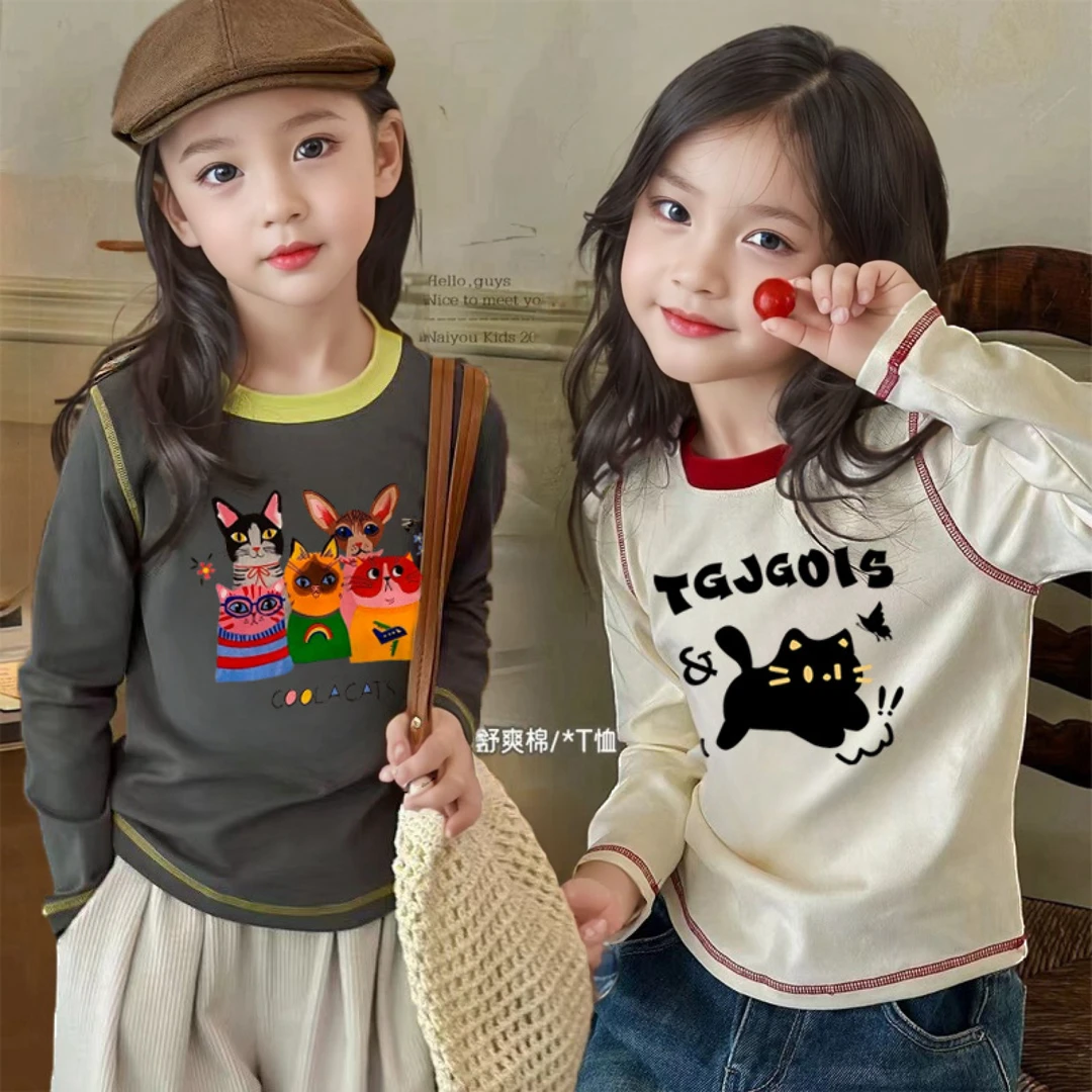 纯棉T恤长袖童装春秋潮牌新款打底衫卡通洋气女宝宝儿儿童打底t恤