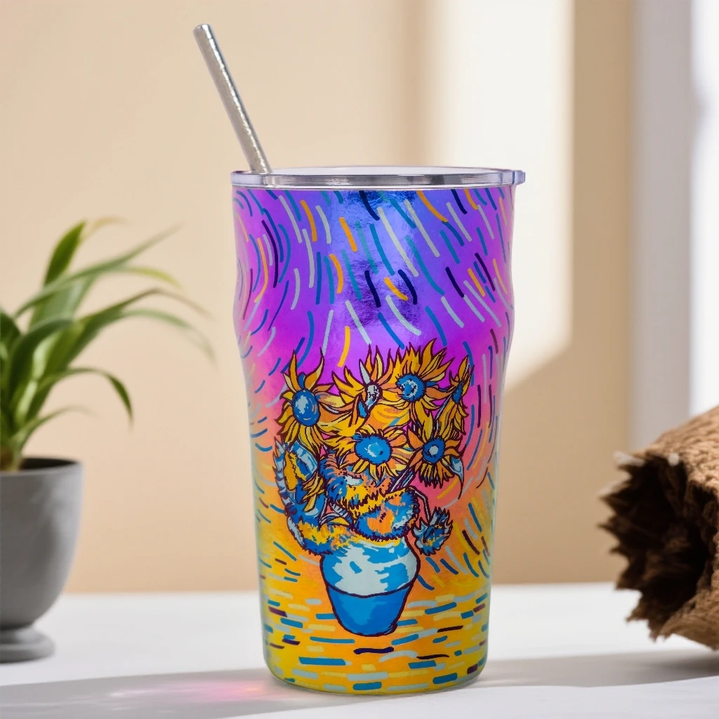 执彩纯钛广口杯彩钛啤酒杯双层饮料杯办公杯水杯高端杯子500ml