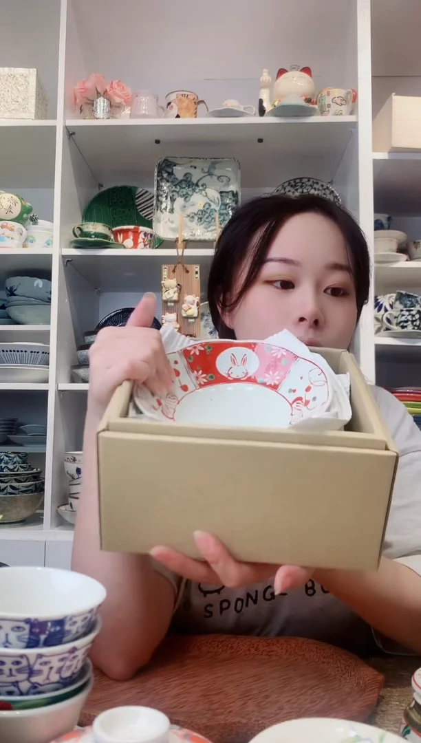 陶瓷bloom赤绘兔中钵16cm一套五支