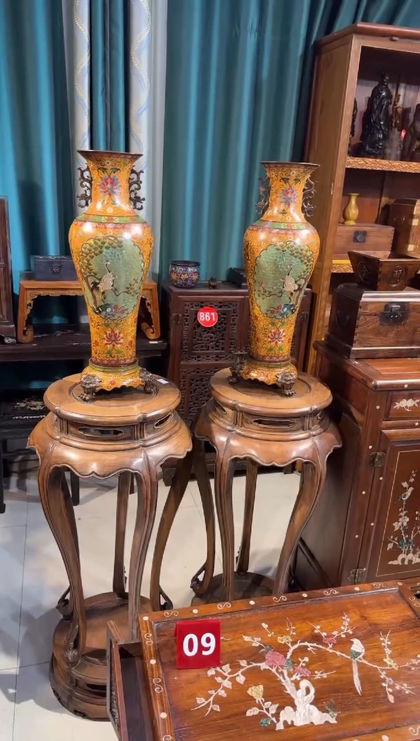 木木头款大*y景泰蓝黄瓶一对11300