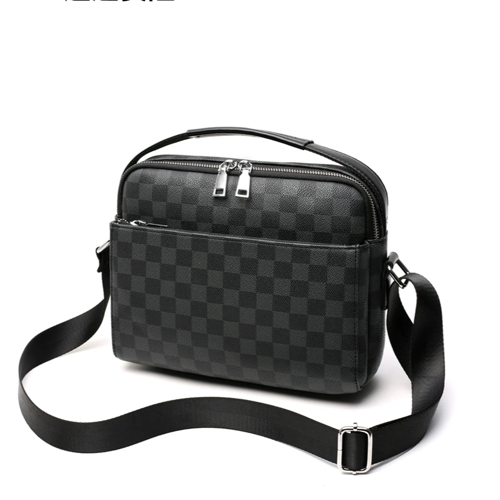 时尚牛皮手提单肩斜挎百搭潮流男包休闲户外商务格子