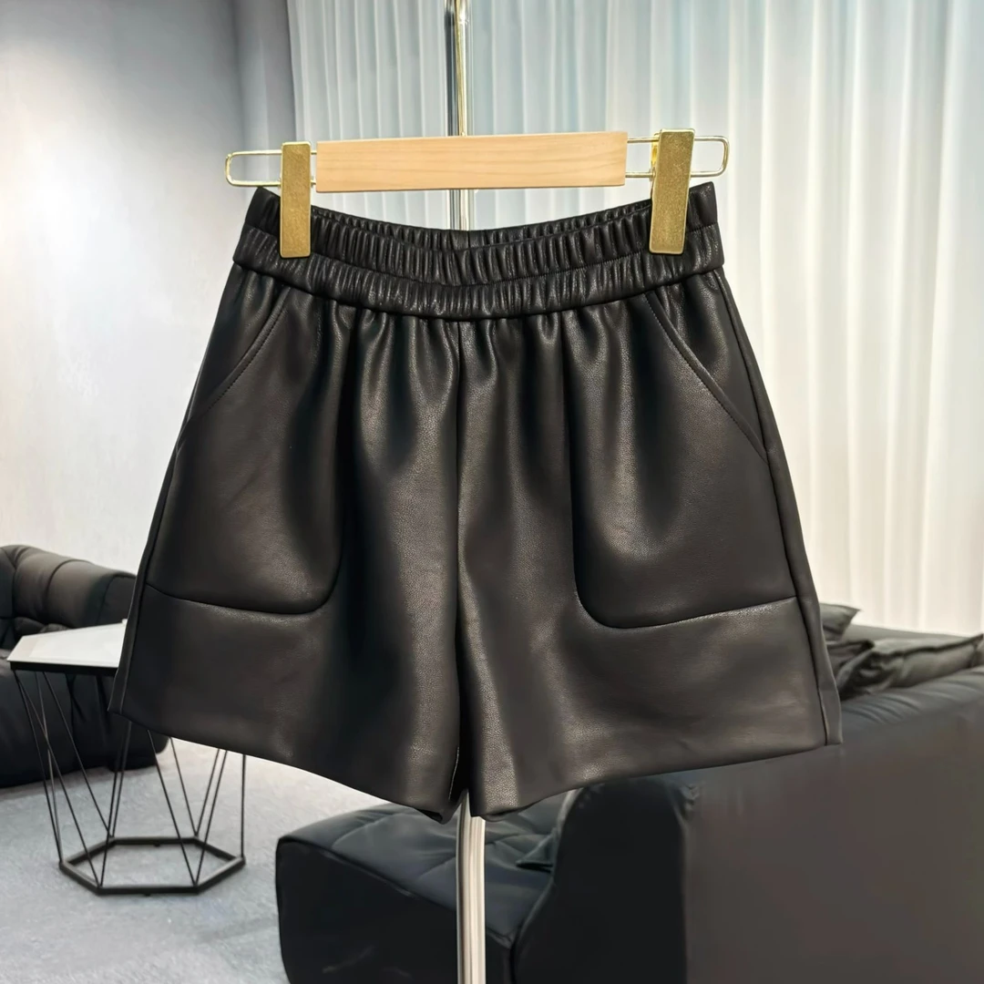 海宁正品皮短裤高腰显瘦时尚宽松休闲百搭a字阔腿松紧腰皮短裤子