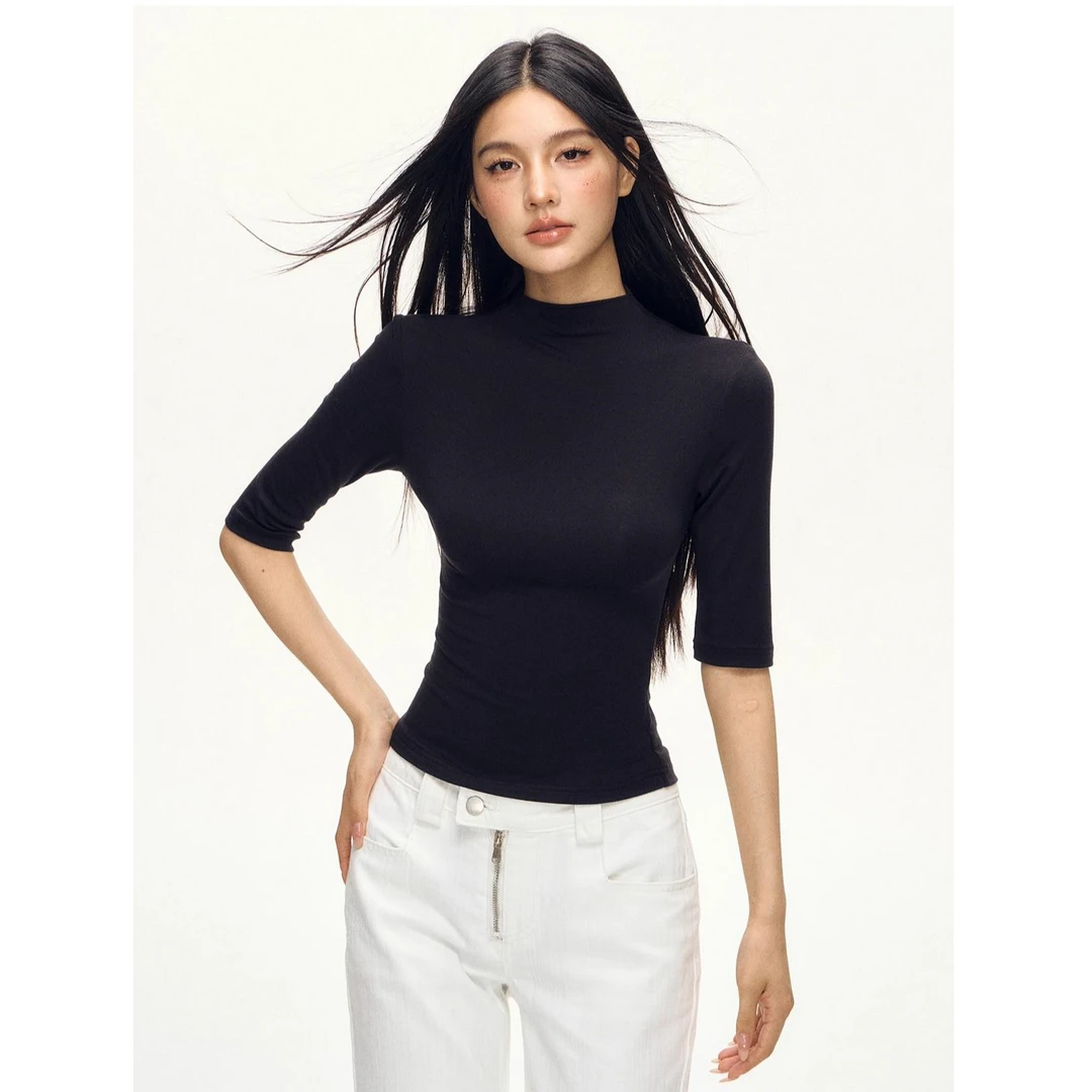 黑色中袖T恤女春夏秋季半高领正肩修身轻薄款五分袖辣妹亲肤上衣