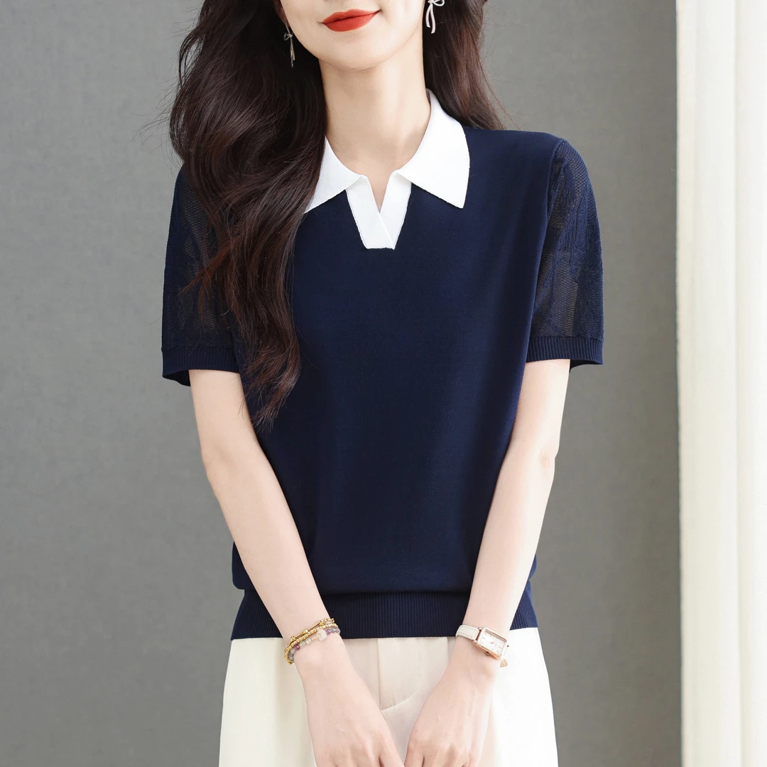 清凉夏季新款女士方领时尚百搭洋气宽松显瘦款薄款半袖纯色上衣女