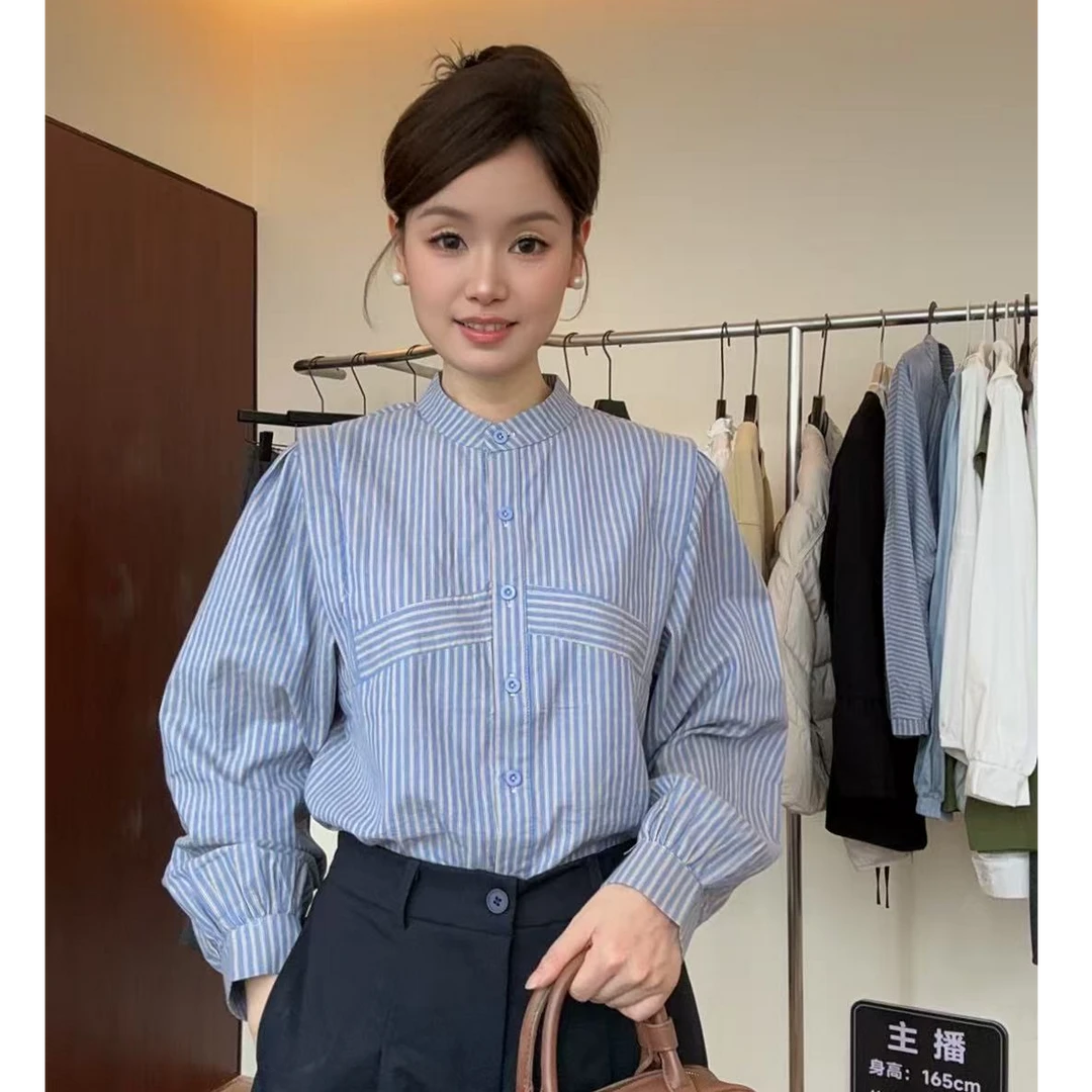 条纹衬衫女春秋新款独特小众设计感圆领长袖衬衣时尚宽松上衣