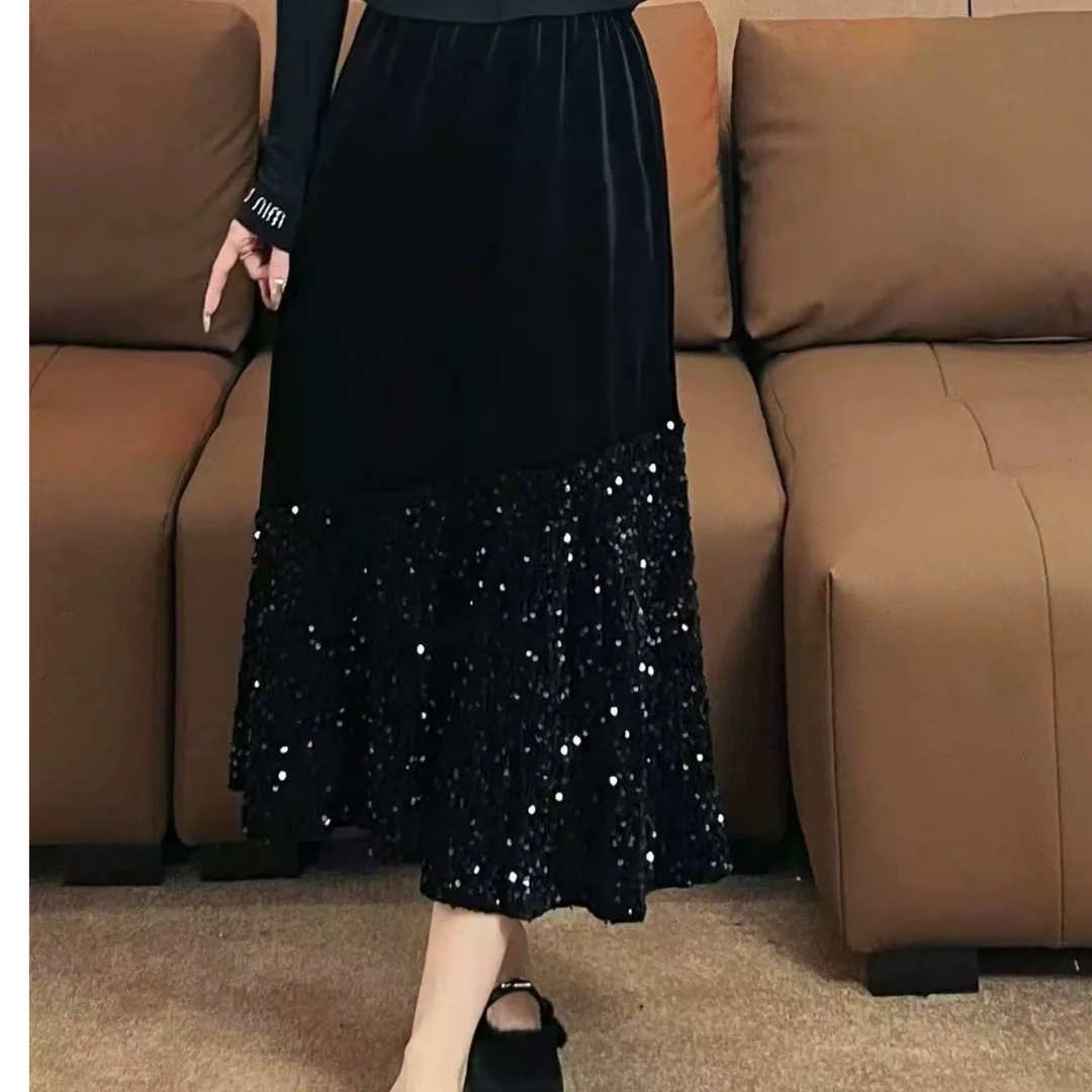 （琳琳家）新款大码胖加绒加厚半身裙女时尚高级亮片拼接高腰a字