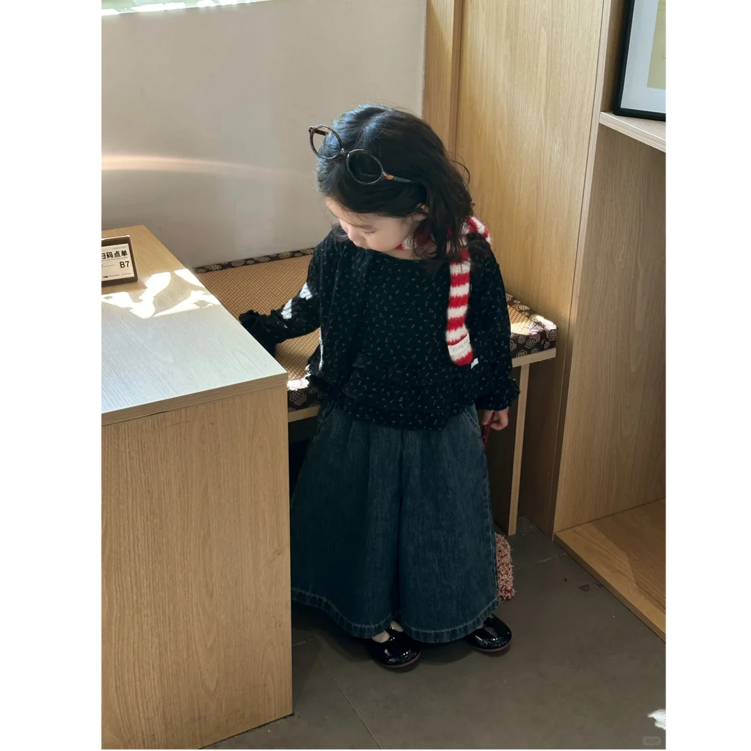 壹妈韩版童装女童早秋穿搭套装洋气儿童碎花假两件上衣牛仔阔腿裤
