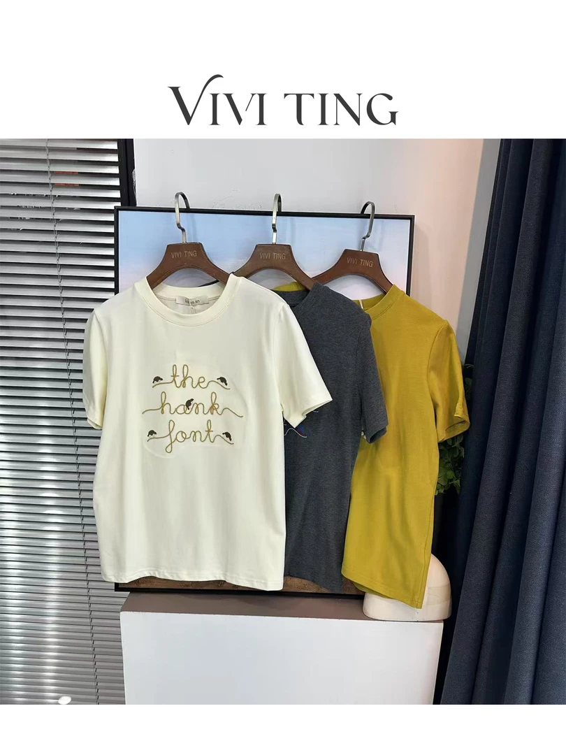 【VIVI·TING】婷姐推荐春装休闲百搭小车字母刺绣圆领短袖T恤s115