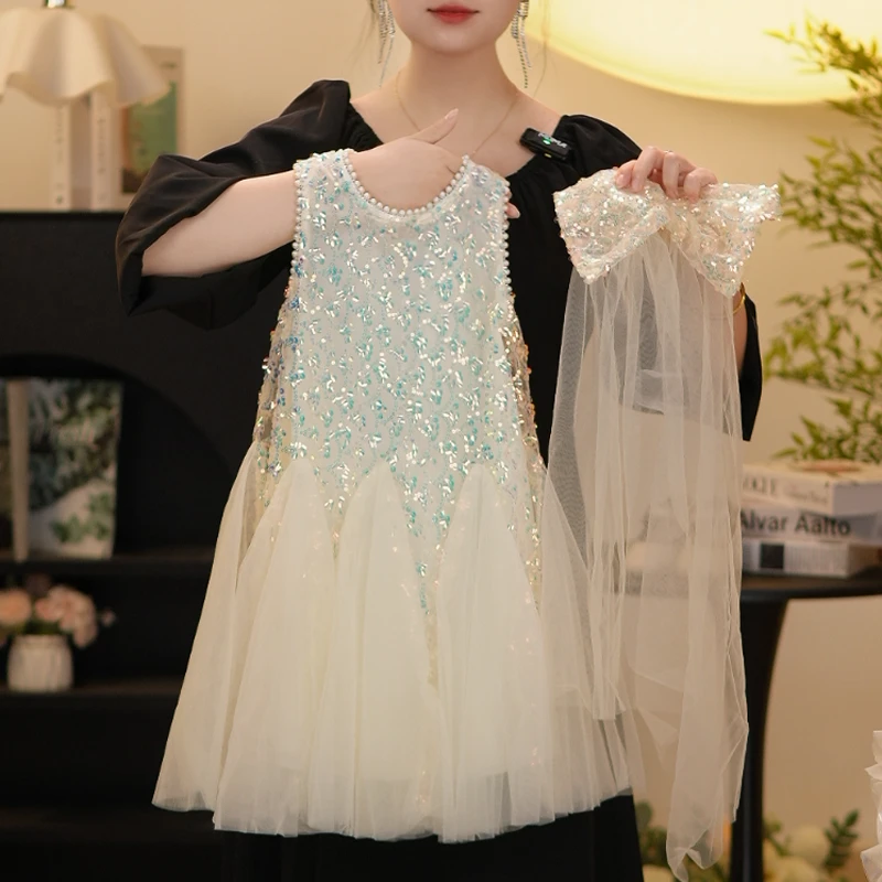 M女童春夏无袖亮片裙连衣裙女宝高端轻奢定制公主裙礼服裙带头纱