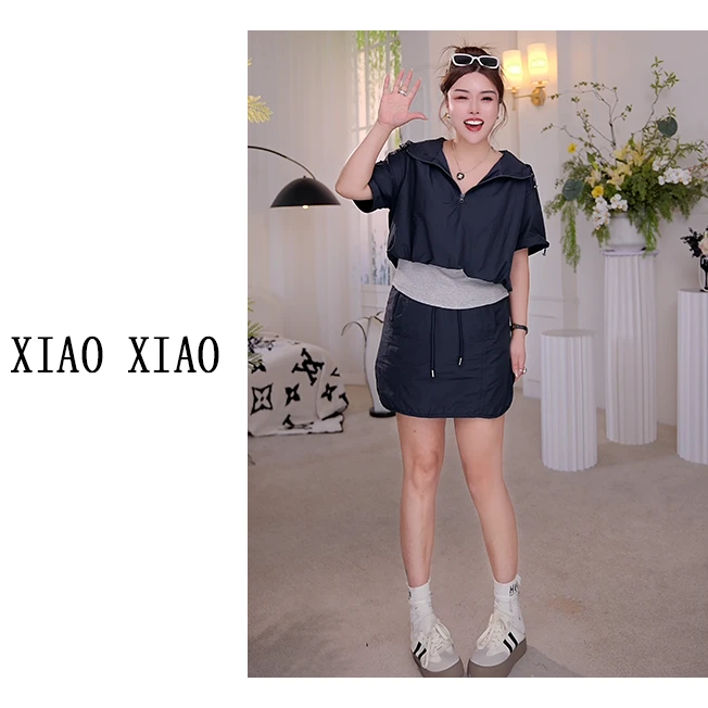 【XIAOXIAO】大码女装时尚休闲洋气宽松百搭短袖上衣+半裙套装XX274