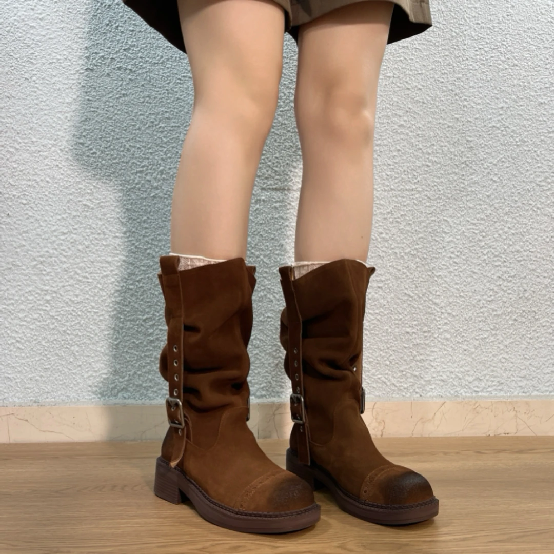 中筒靴女2025新款堆堆靴筒靴时尚设计感气质复古百搭圆头英伦靴子