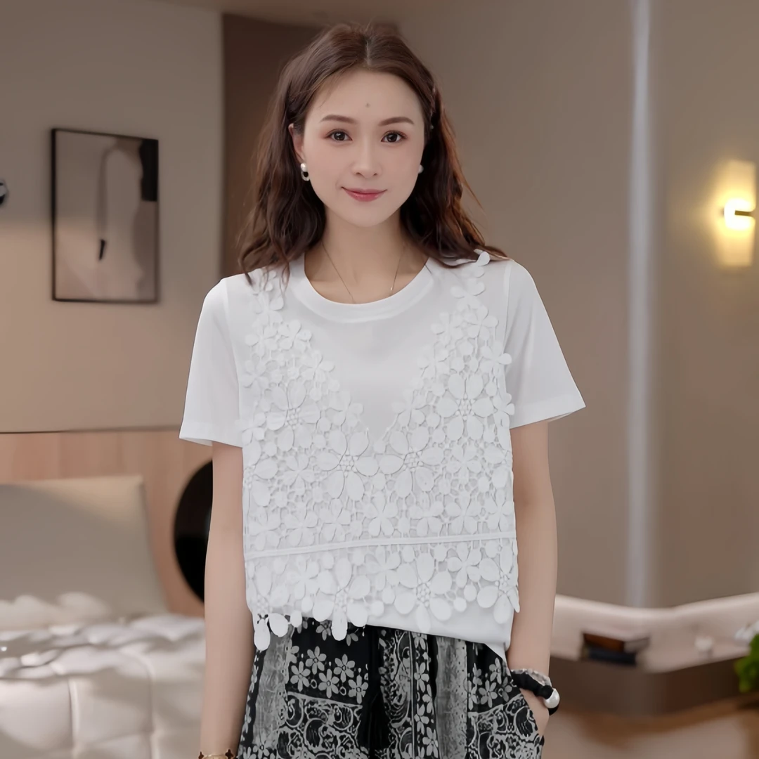 豆豆3 【蕾丝假两件T】休闲气质短袖T恤夏季圆领拼接上衣-DX1228