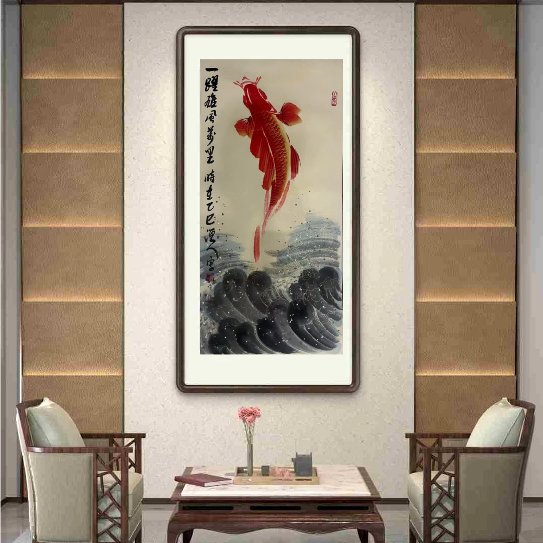 薄林老师原创作品荷花鲤鱼小三尺挂轴-一跃雄风