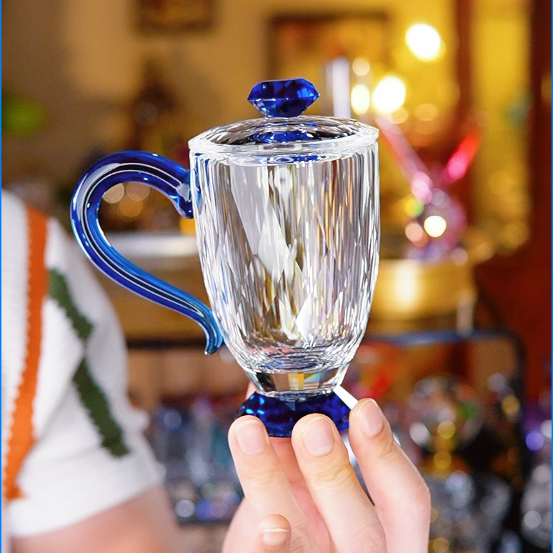 蓝色K9水晶透明办公杯泡茶杯中国风钻石切割礼盒礼物