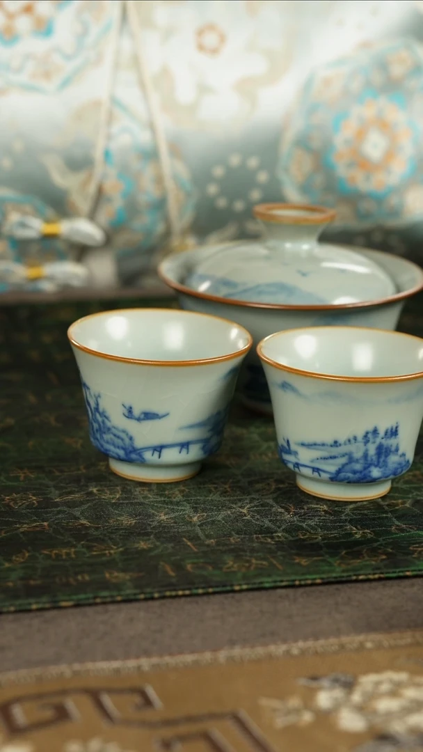 善窑厂汝窑青花手绘山水一盖碗两杯