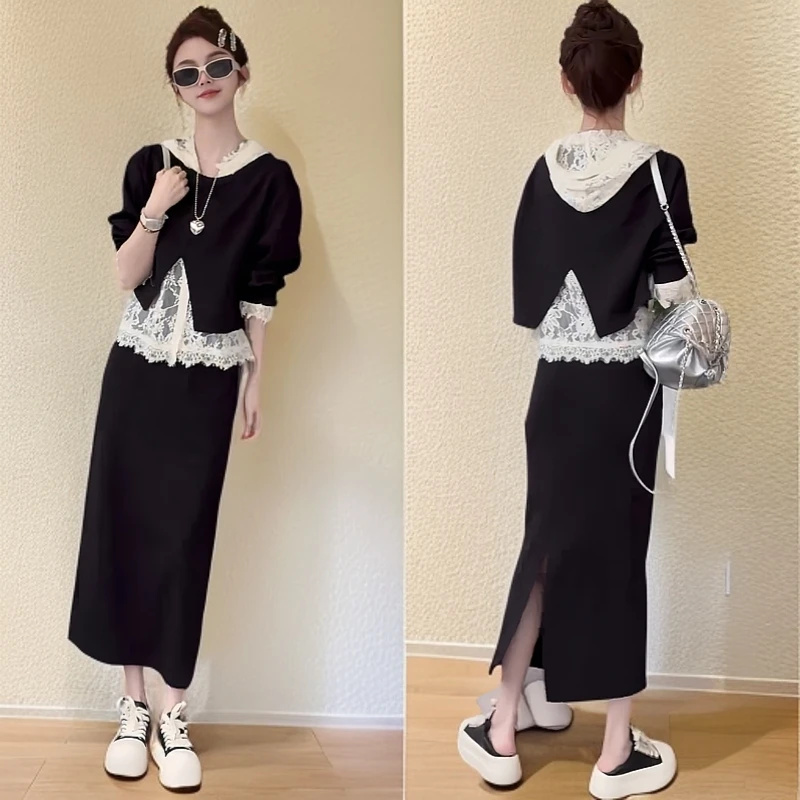 韩系慵懒2025春季新款通勤气质显瘦休闲蕾丝连帽后背开叉减龄套装