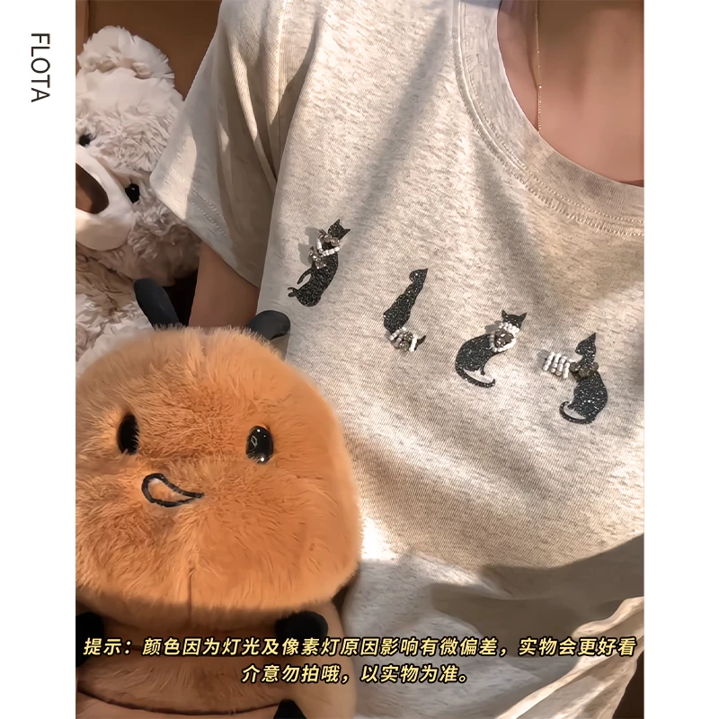 【现货】韩系珍珠卡通小猫闪光印花气质正肩修身收腰显瘦短袖T恤女