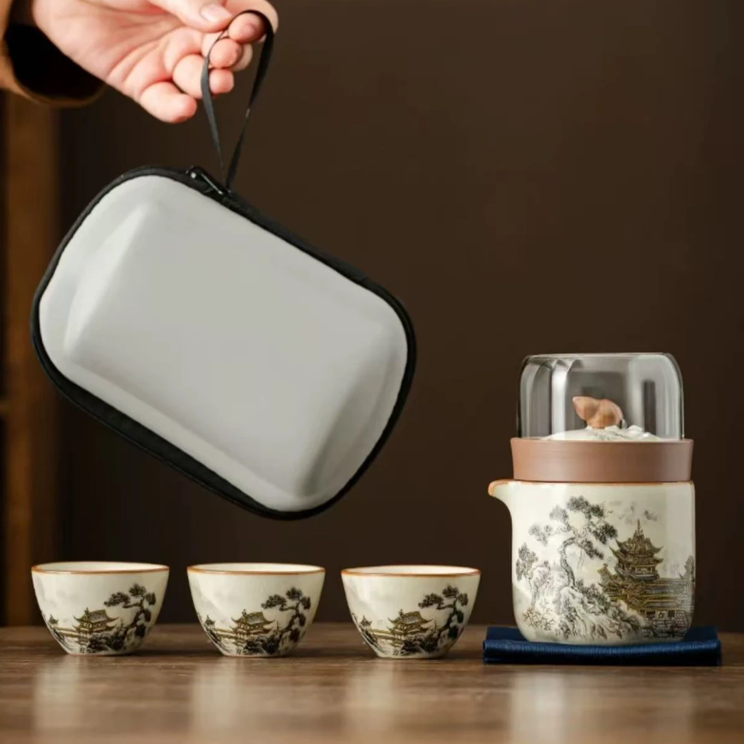 水墨滕王阁三杯带茶水分离带包便携旅行汝窑茶具