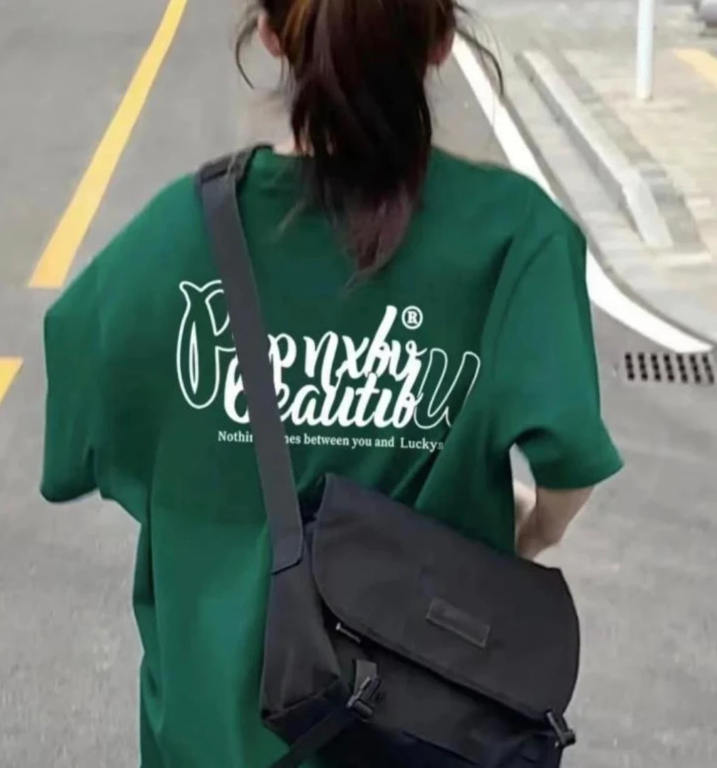 100%纯棉复古PU字母正肩短袖T恤夏季2025美式男女同款半袖上衣