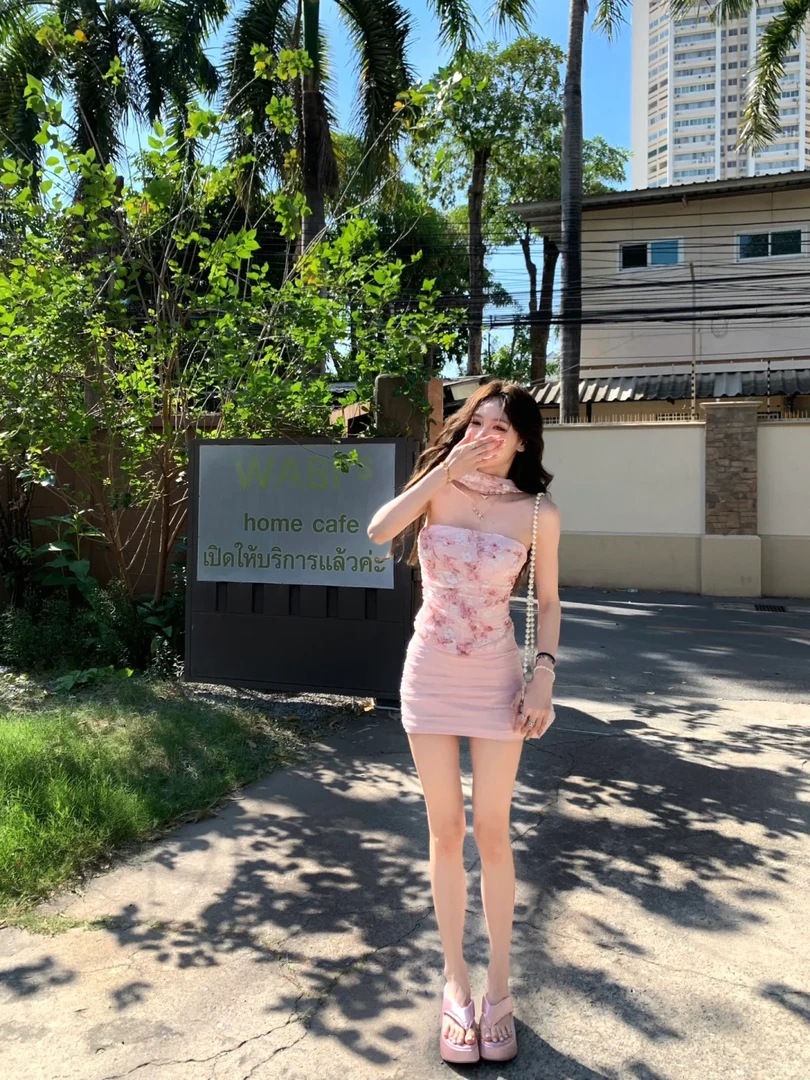 【B Y】少女风性感一字肩甜美修身无袖印花上衣修身包臀半身裙套装