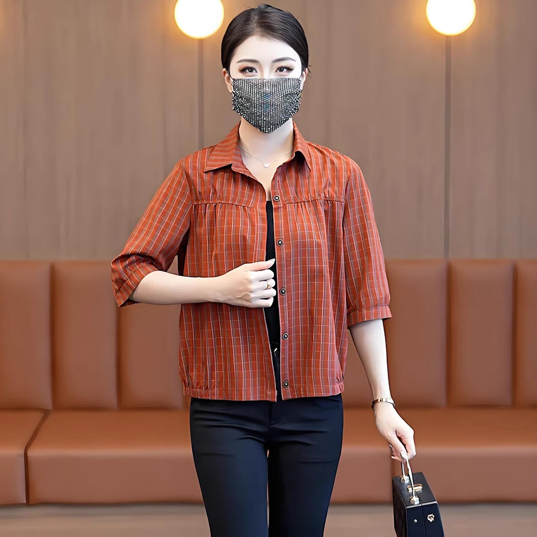 时尚休闲格子衬衫女2025夏季新款洋气减龄遮肉翻领中袖恤衬衣