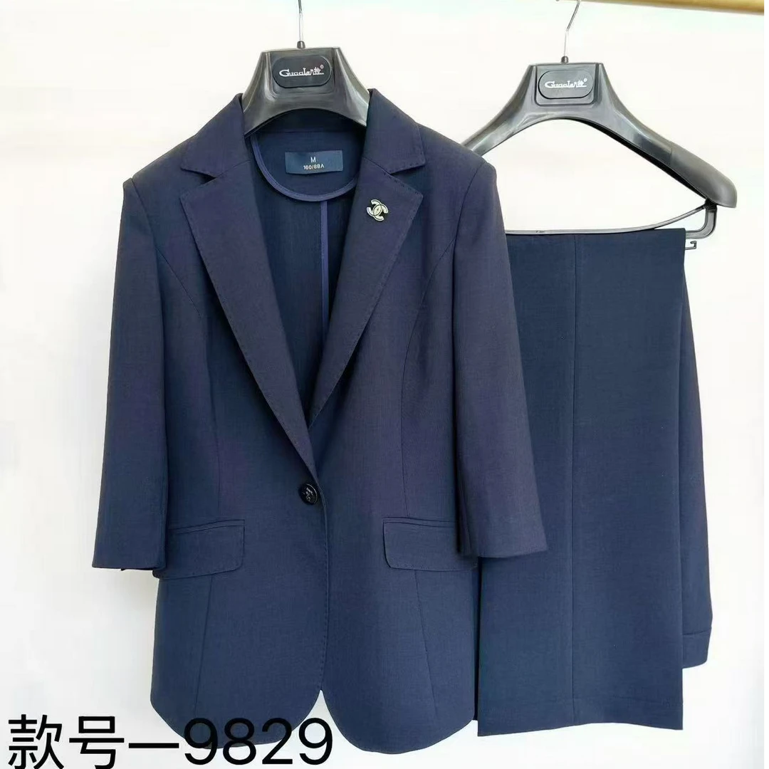 H9829ol裤子一粒扣七分袖藏青西装明线装饰轻职风修身设计师女士