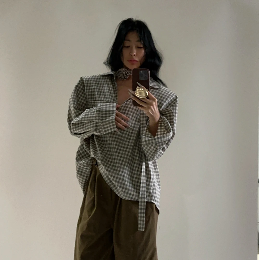 VIVISPLENDID19963#（定制款NO退NO换）原创花朵领带格子衬衫