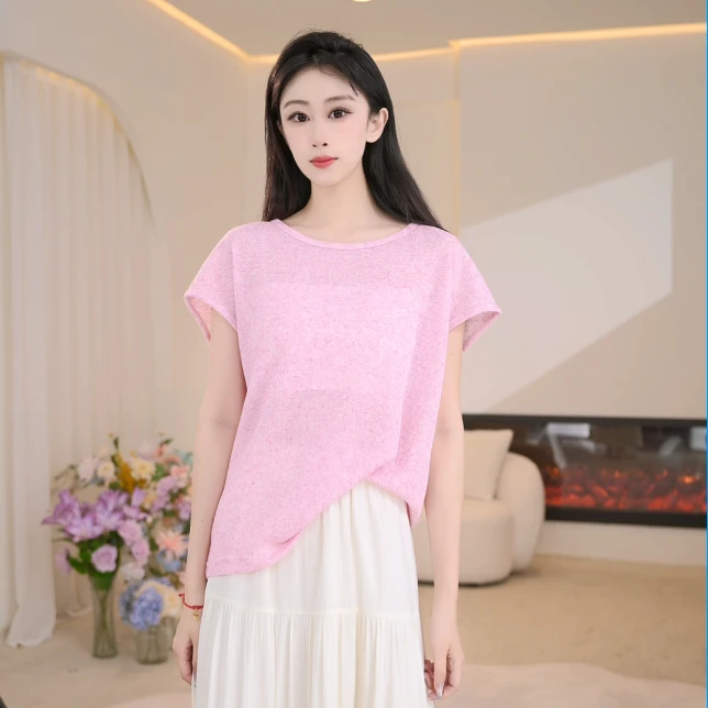 Basic House/百家好夏季圆领宽松百搭休闲时尚气质短袖纯色T恤