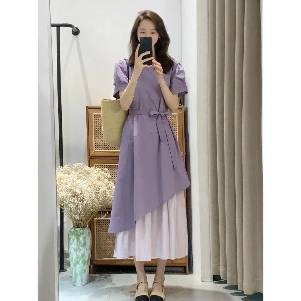 夏季新款年夏绝美高级感紫色大码收腰显夏季大码收腰蝴蝶结连衣裙
