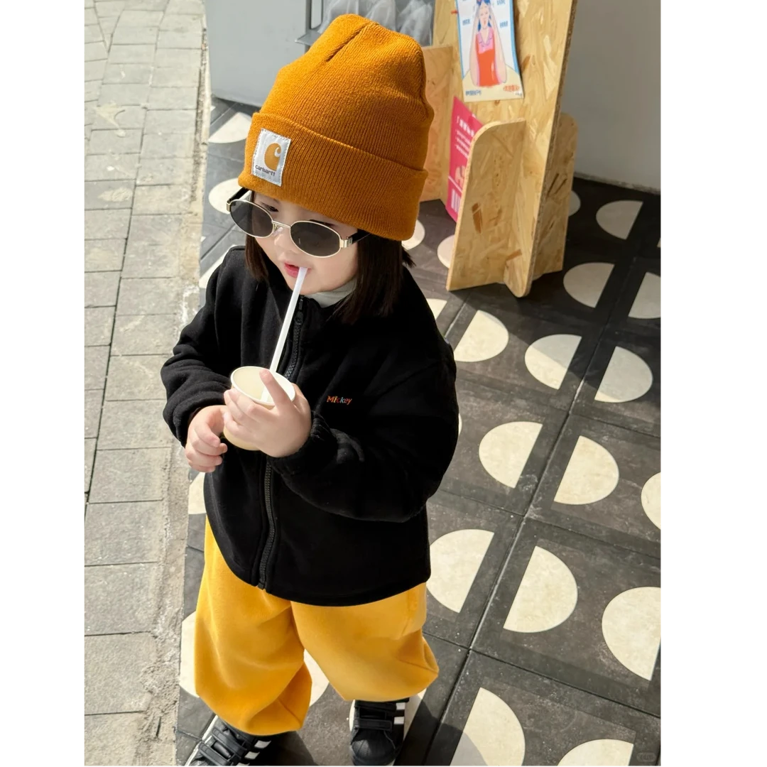 壹妈童装女童韩版秋冬款休闲风卡通黑色拉链外套百搭洋气黄色卫裤