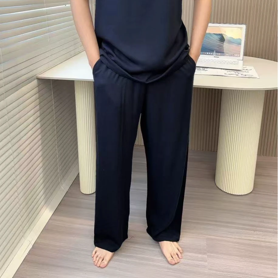 夏季男士绵绸斜纹直筒裤大码宽松高腰人造棉休闲裤男士长裤薄款