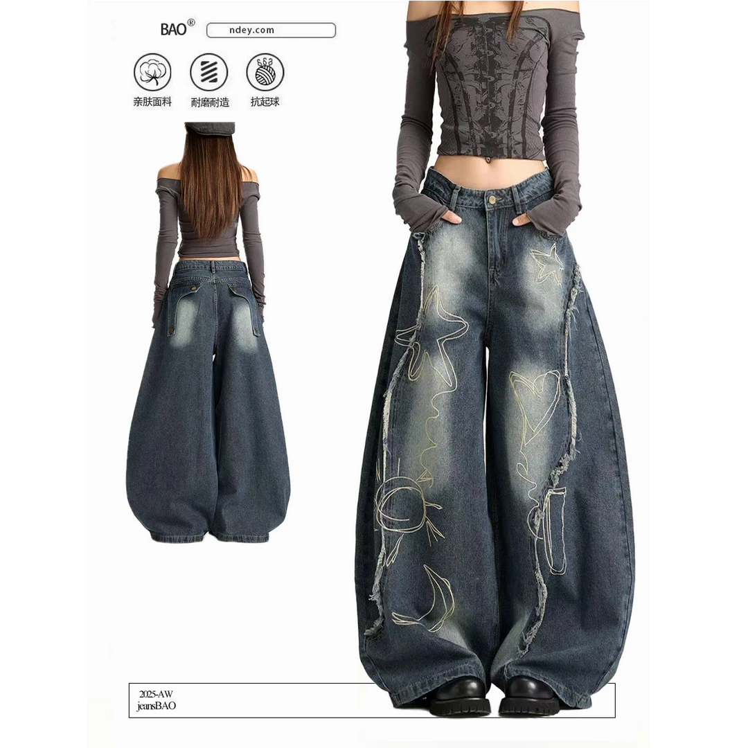 美式复古蓝阔腿弯刀牛仔裤女2025年秋季新款宽松做旧裤子刺绣长裤