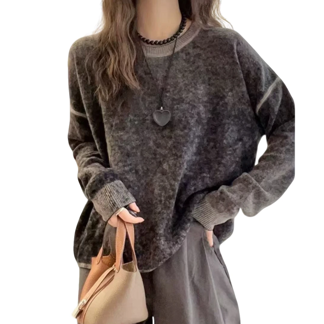 欧洲站2024秋冬欧货女装慵懒韩系撞色圆领长袖做旧羊毛针织衫毛衣