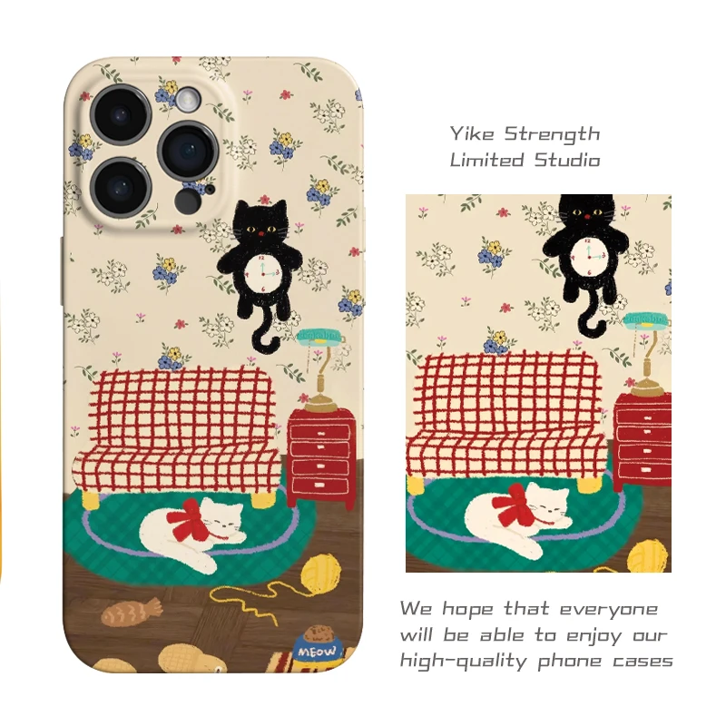 趣味碎花猫菲林壳可爱苹果16pro小米15手机壳华为vivo个性软壳