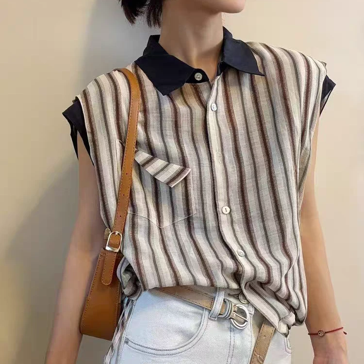韩系撞色条纹polo领小飞袖衬衫2025夏季新款女小众别致百搭上衣潮