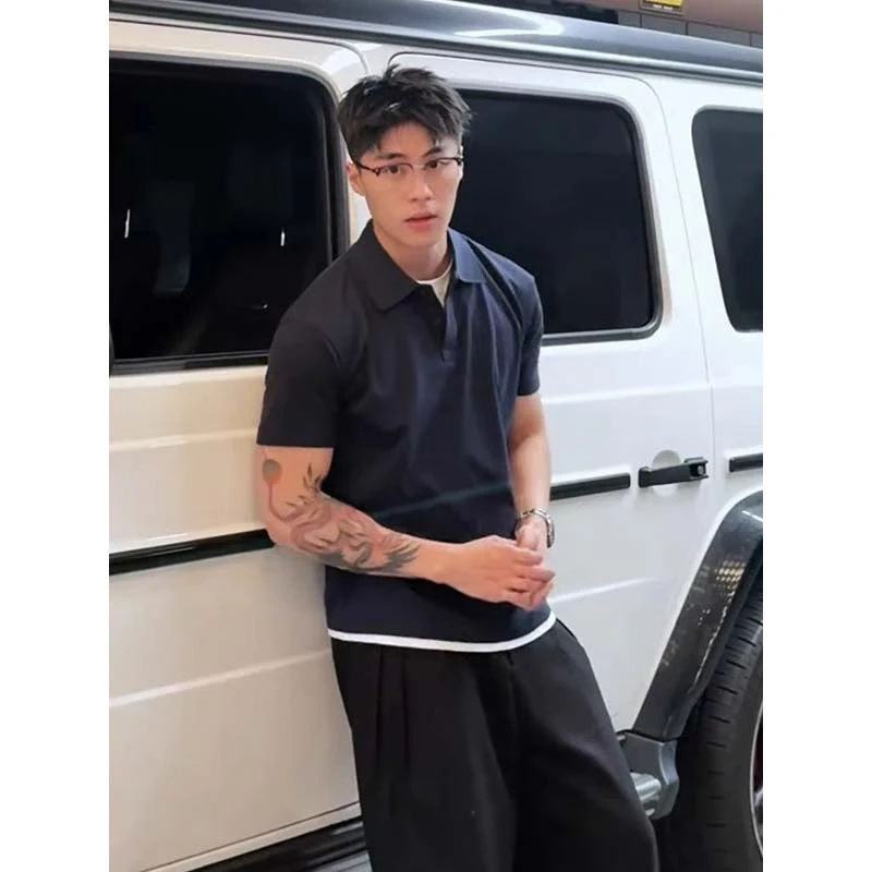 夏季POLO衫男美式重磅珠地棉假两件翻领正肩T恤cleanfit健身半袖