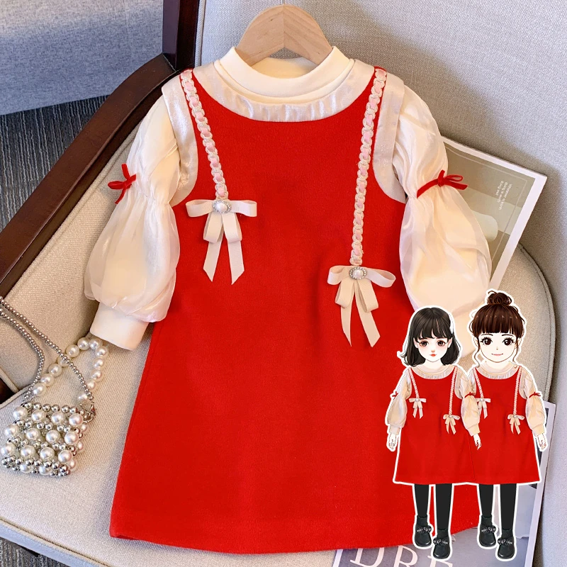 现货清女童冬季背心连衣裙红色喜庆新年衣服加绒儿童过年服61972