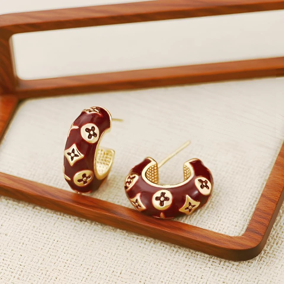 合金珐琅耳饰 S925银针镀18K金红色低调又高级感耳环百搭轻奢气质