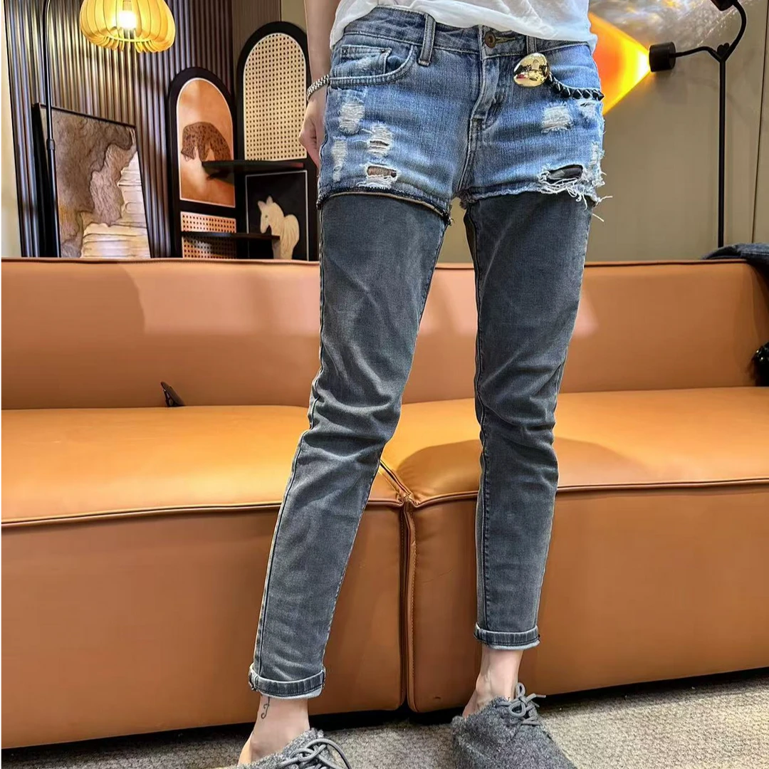 【岩哥推荐】21809女士小众设计叠穿牛仔裤