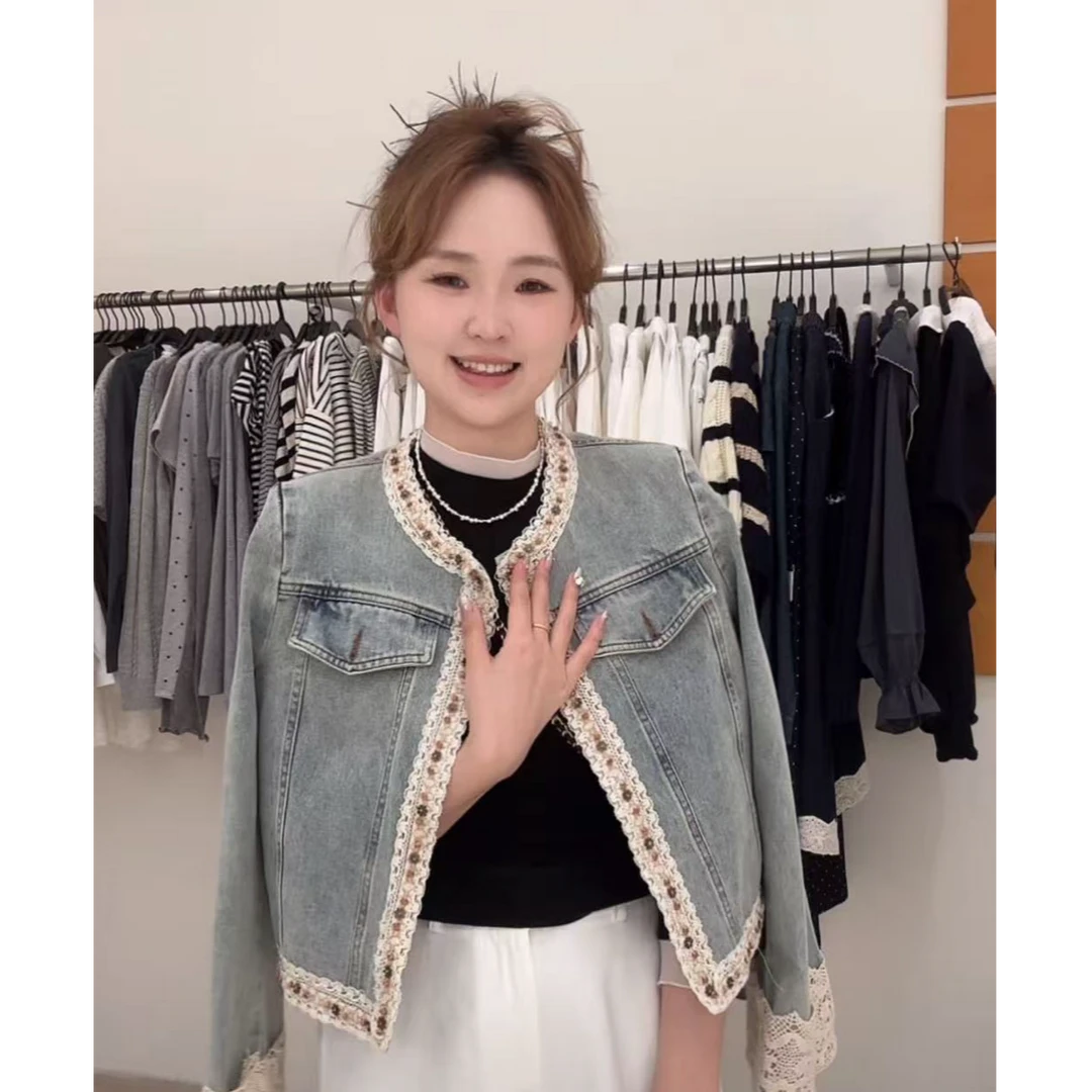 甜甜【花边牛仔】时尚百搭春季新款显瘦牛仔外套女1289