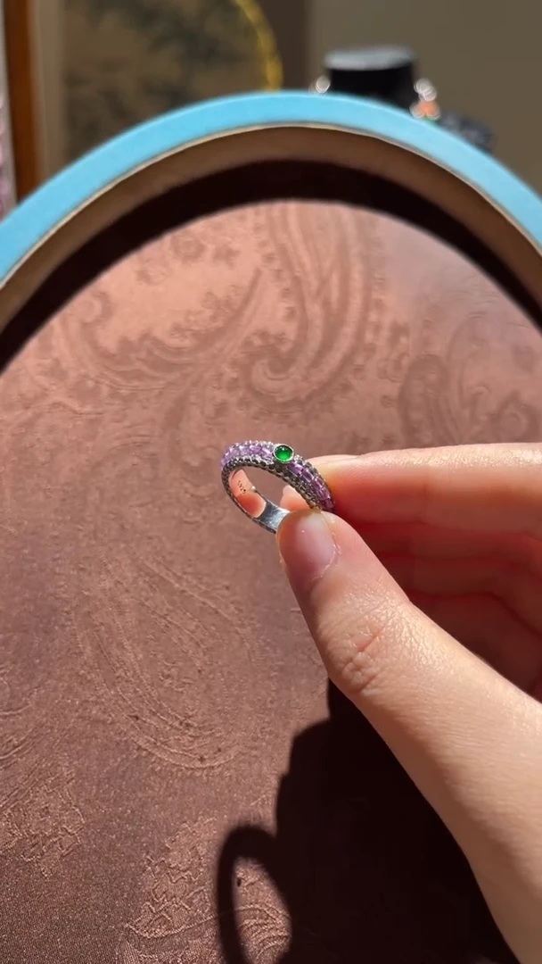 翡翠戒圈银S925镀金镶嵌红翡绿翠