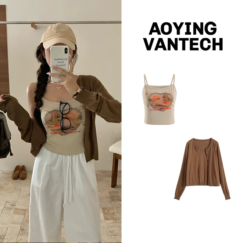AOYING VANTECH天使印花显瘦吊带+坚果色开衫两件套AYWT2024199