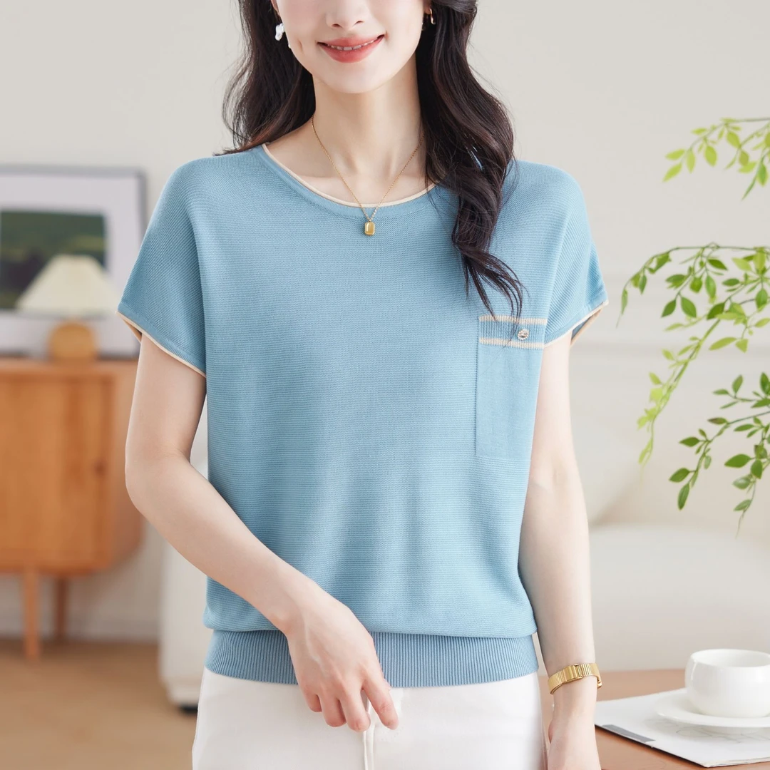 100莱赛尔天丝针织短袖t恤女士2025夏季新款薄款妈妈小衫圆领上衣