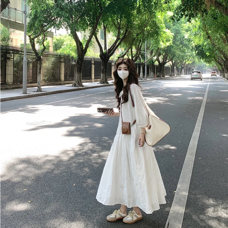 白月光小白裙法式宽松长袖连衣裙白色超重工刺绣