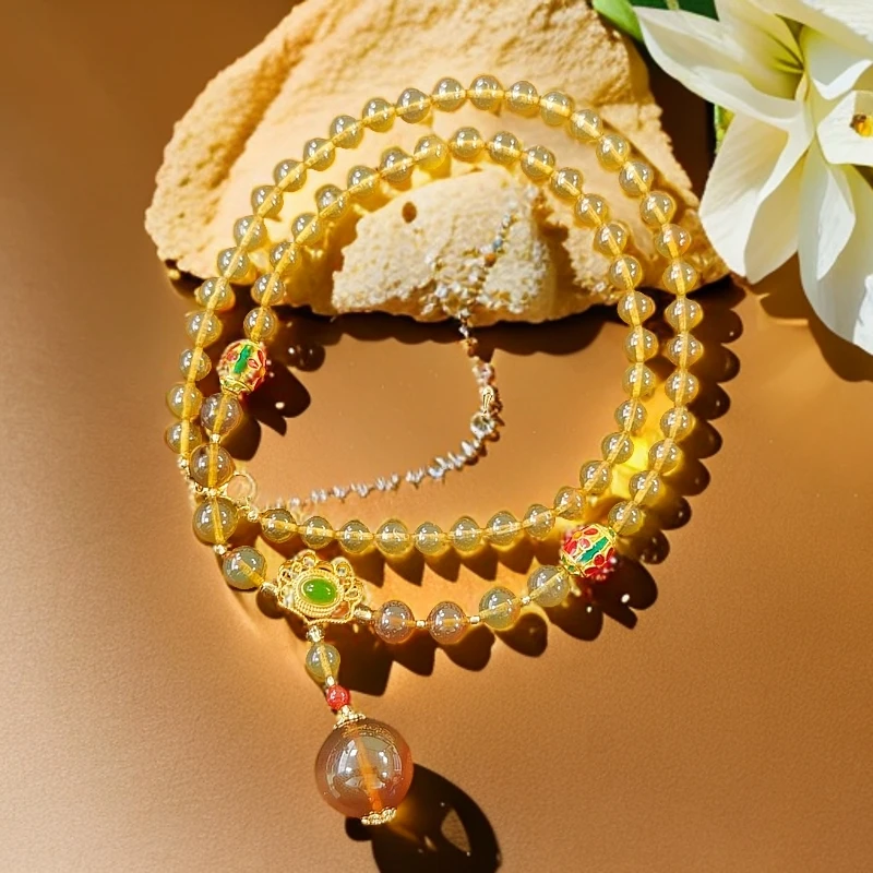 YHP001琥珀正圆珠如意妈妈链吊坠合金镶嵌