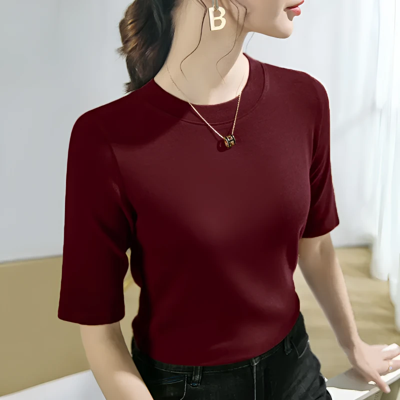 秋季中袖打底衫T恤女百搭纯色半袖圆领修身显瘦女士秋冬上衣999